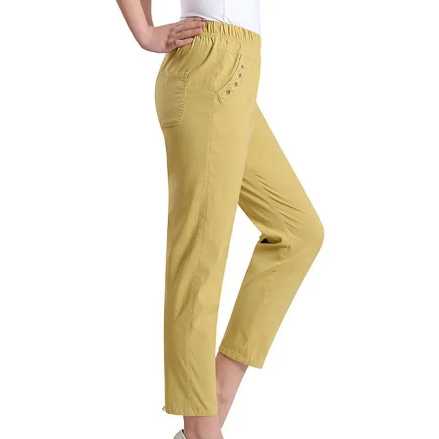 2021Summer Women Pants Middle-aged Lady Elastic Waist Loose Casual Pants Plus Size 4XL Pocket Thin Female Straight Trousers 2300