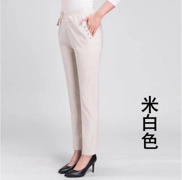 2021Summer Women Pants Middle-aged Lady Elastic Waist Loose Casual Pants Plus Size 4XL Pocket Thin Female Straight Trousers 2300