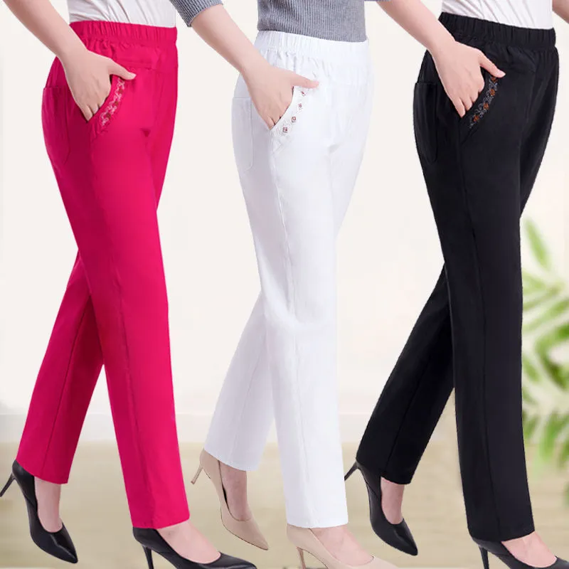 2021Summer Women Pants Middle-aged Lady Elastic Waist Loose Casual Pants Plus Size 4XL Pocket Thin Female Straight Trousers 2300