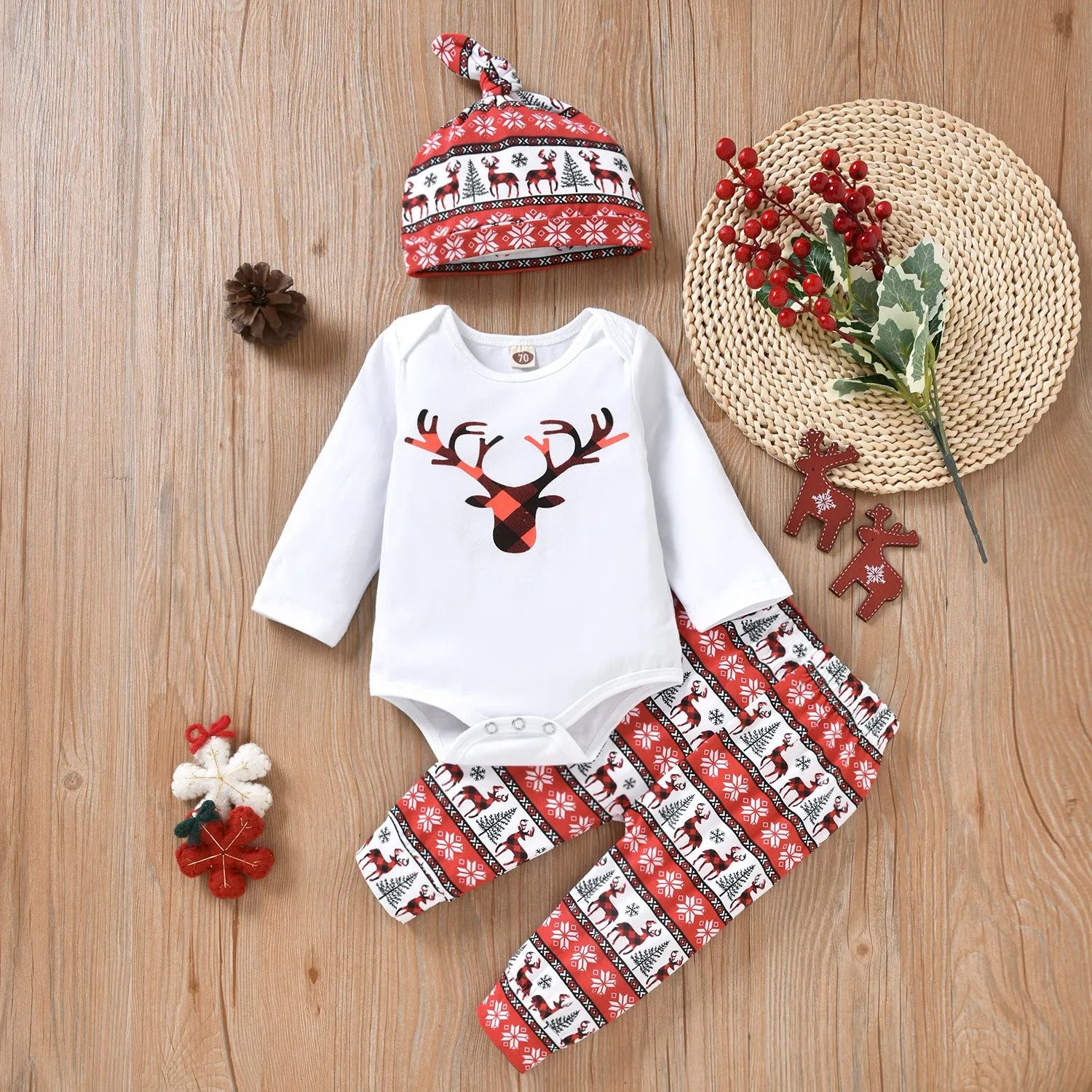 2022 Baby Boys Girls Solid Cartoon Fawn Print Long Sleeve Romper Trousers Hat Christmas Suit