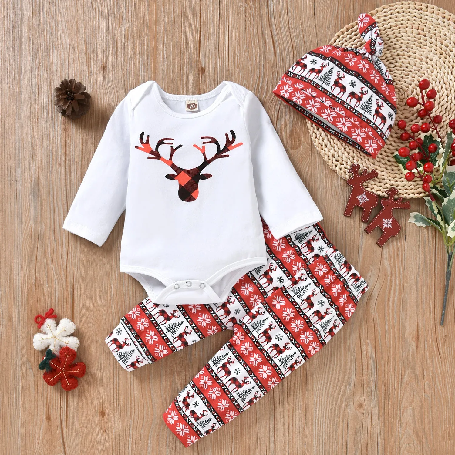 2022 Baby Boys Girls Solid Cartoon Fawn Print Long Sleeve Romper Trousers Hat Christmas Suit