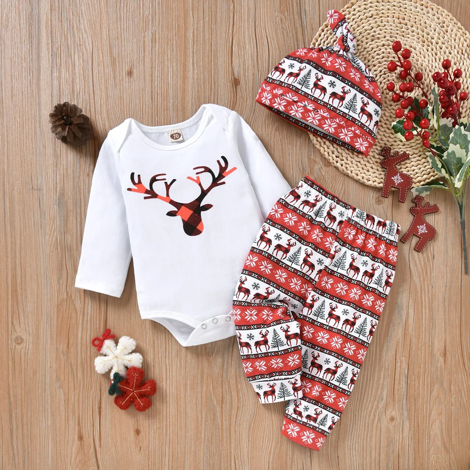 2022 Baby Boys Girls Solid Cartoon Fawn Print Long Sleeve Romper Trousers Hat Christmas Suit