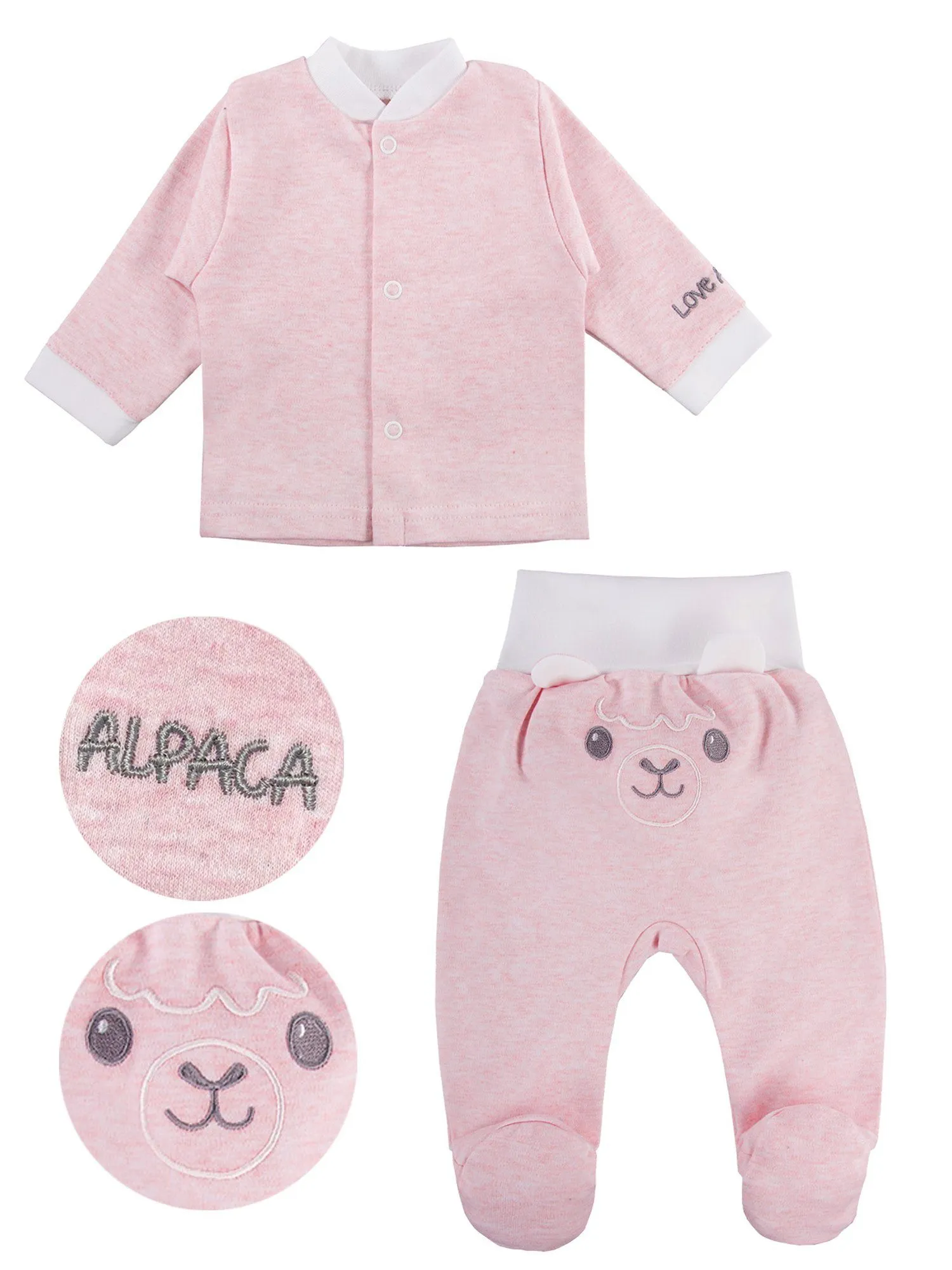 Alpaca Design Top & Embroidered Face Trousers Set - Pink