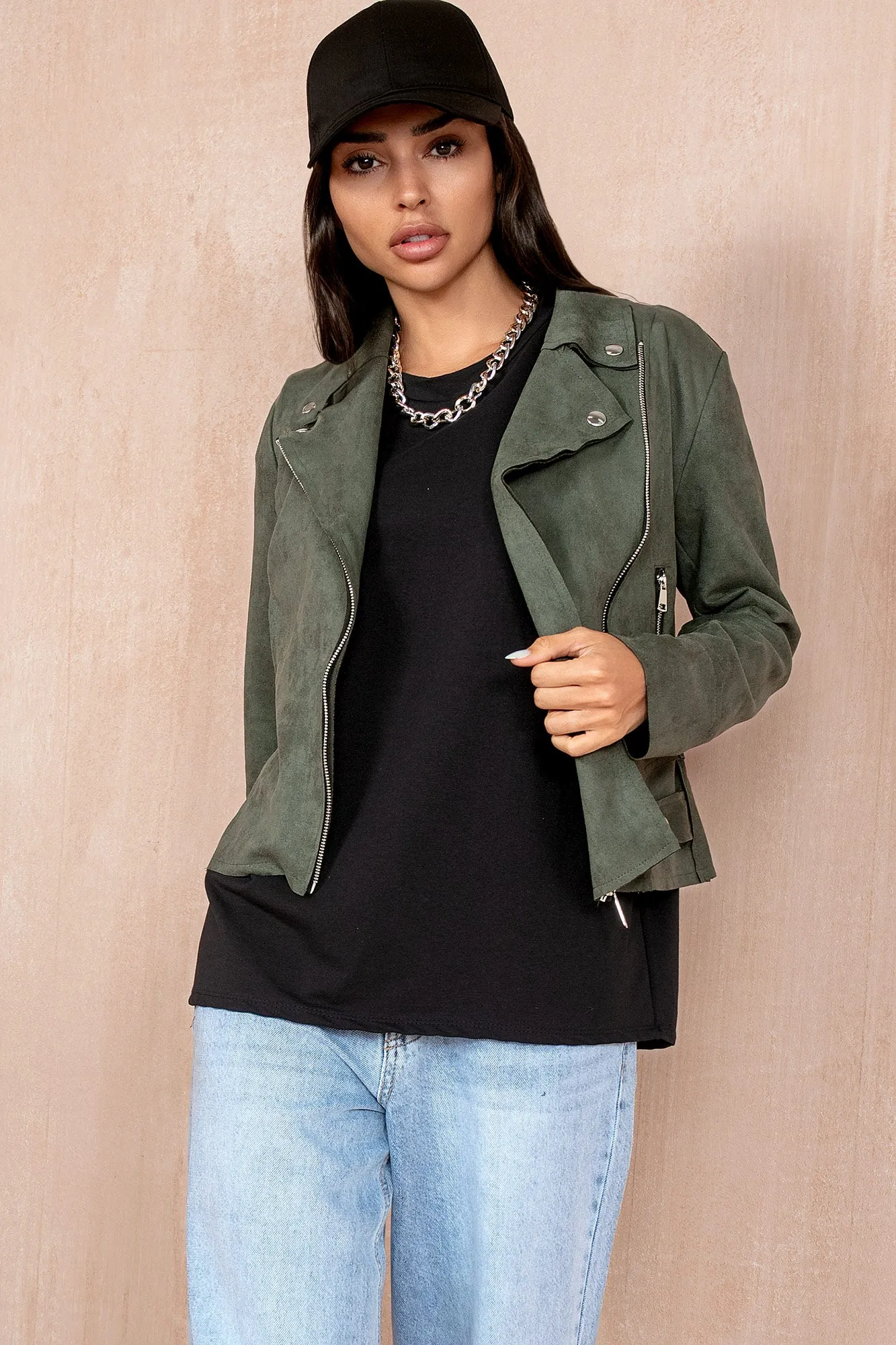 Anna Khaki Suedette Biker Jacket