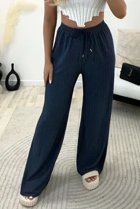 Ashleen Navy Textured High Waisted Drawstring Wide Leg Trousers