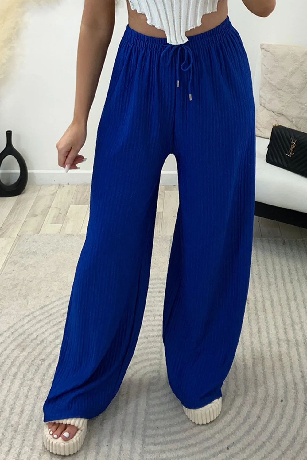 Ashleen Royal Blue Textured High Waisted Drawstring Wide Leg Trousers