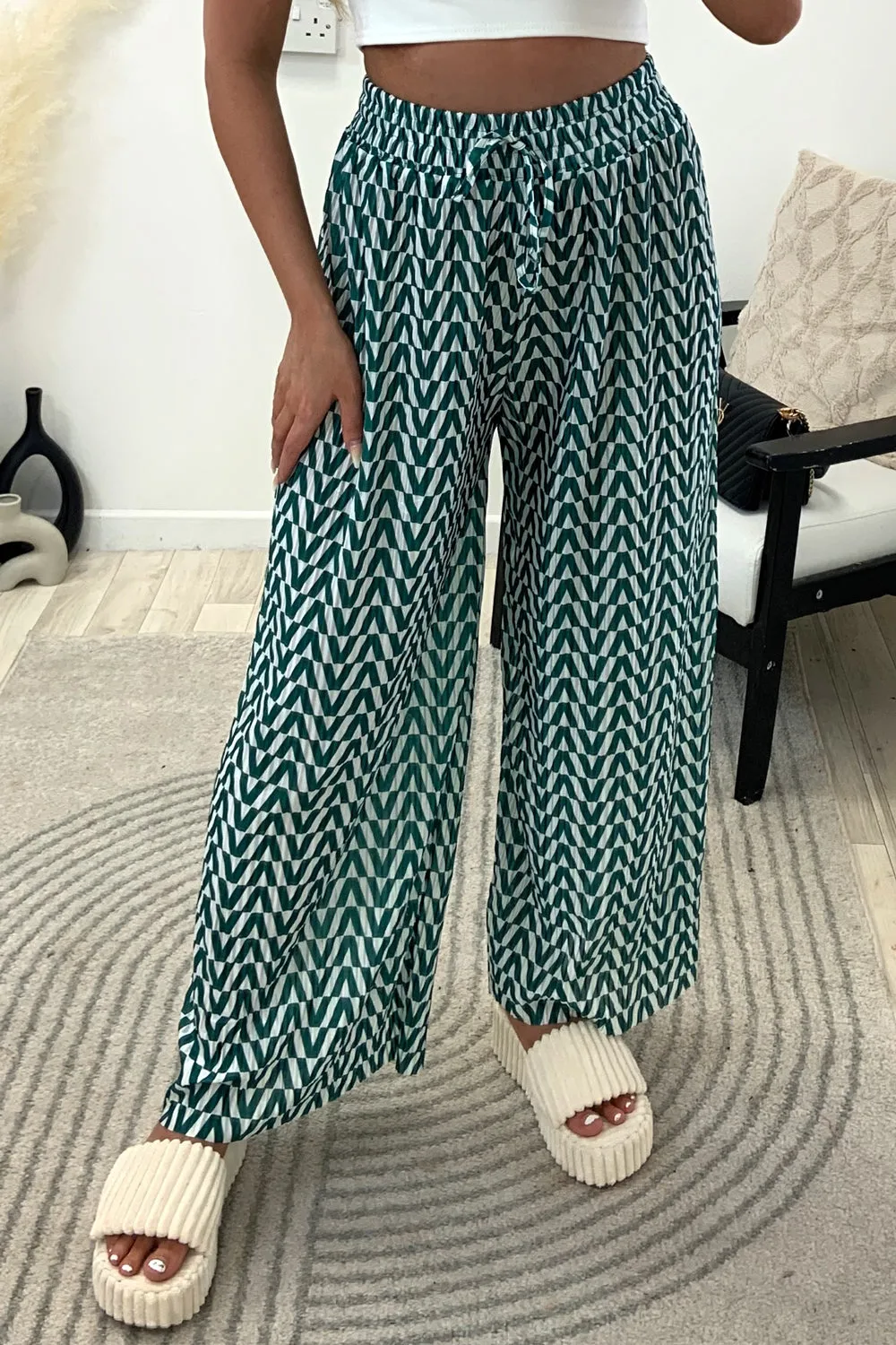 Avaa Green and White Plisse Patterned Wide Leg Trousers