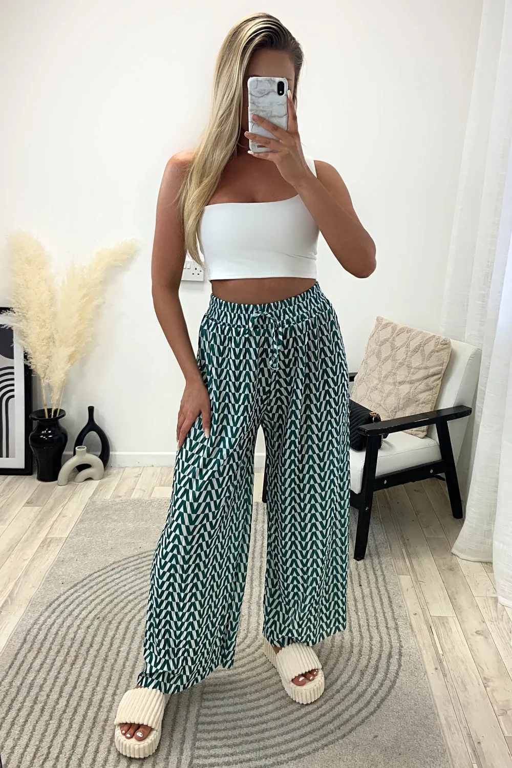 Avaa Green and White Plisse Patterned Wide Leg Trousers