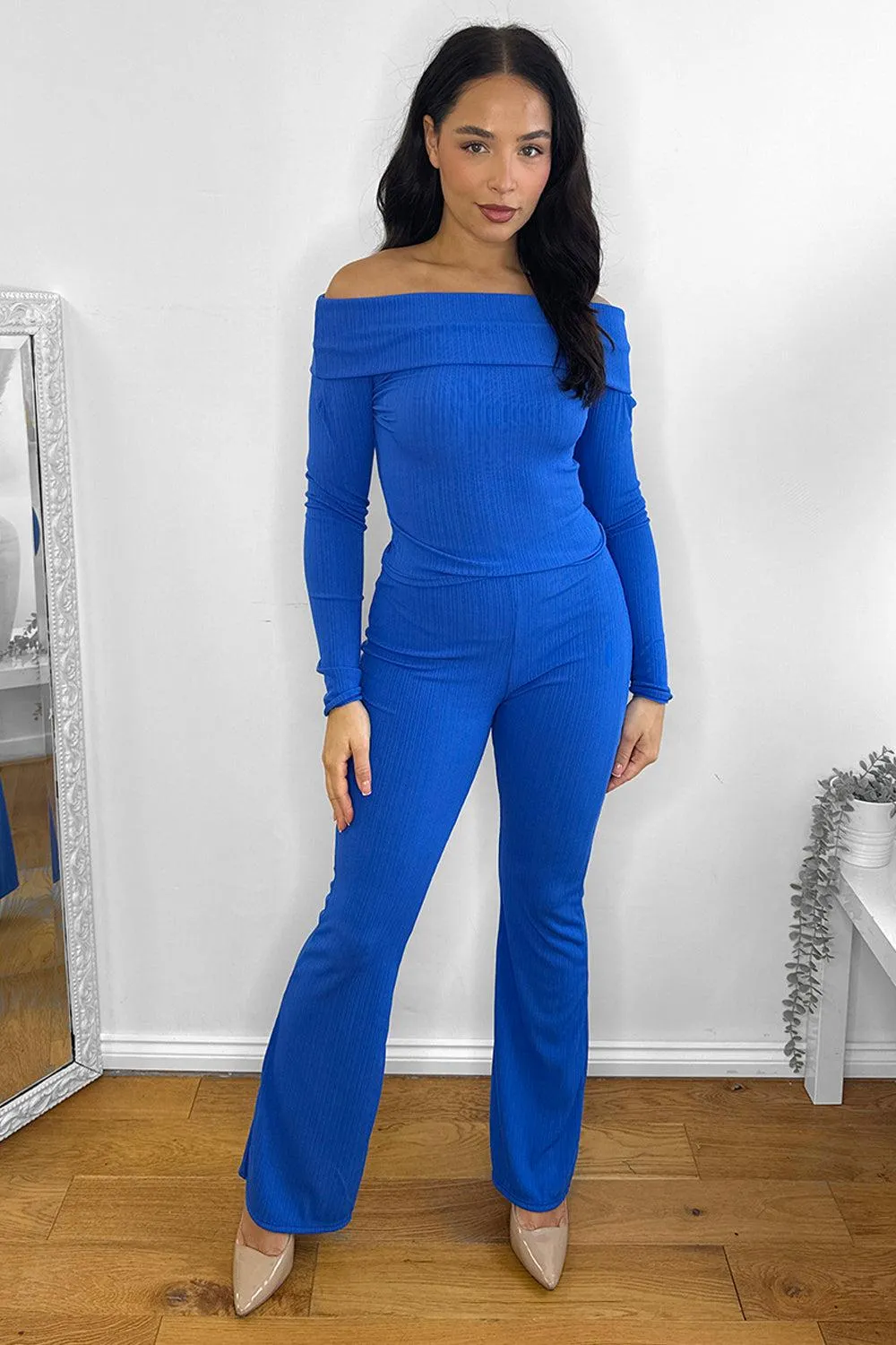 Bardot Neckline Ribbed Top And Trousers Set