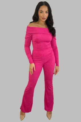 Bardot Neckline Ribbed Top And Trousers Set