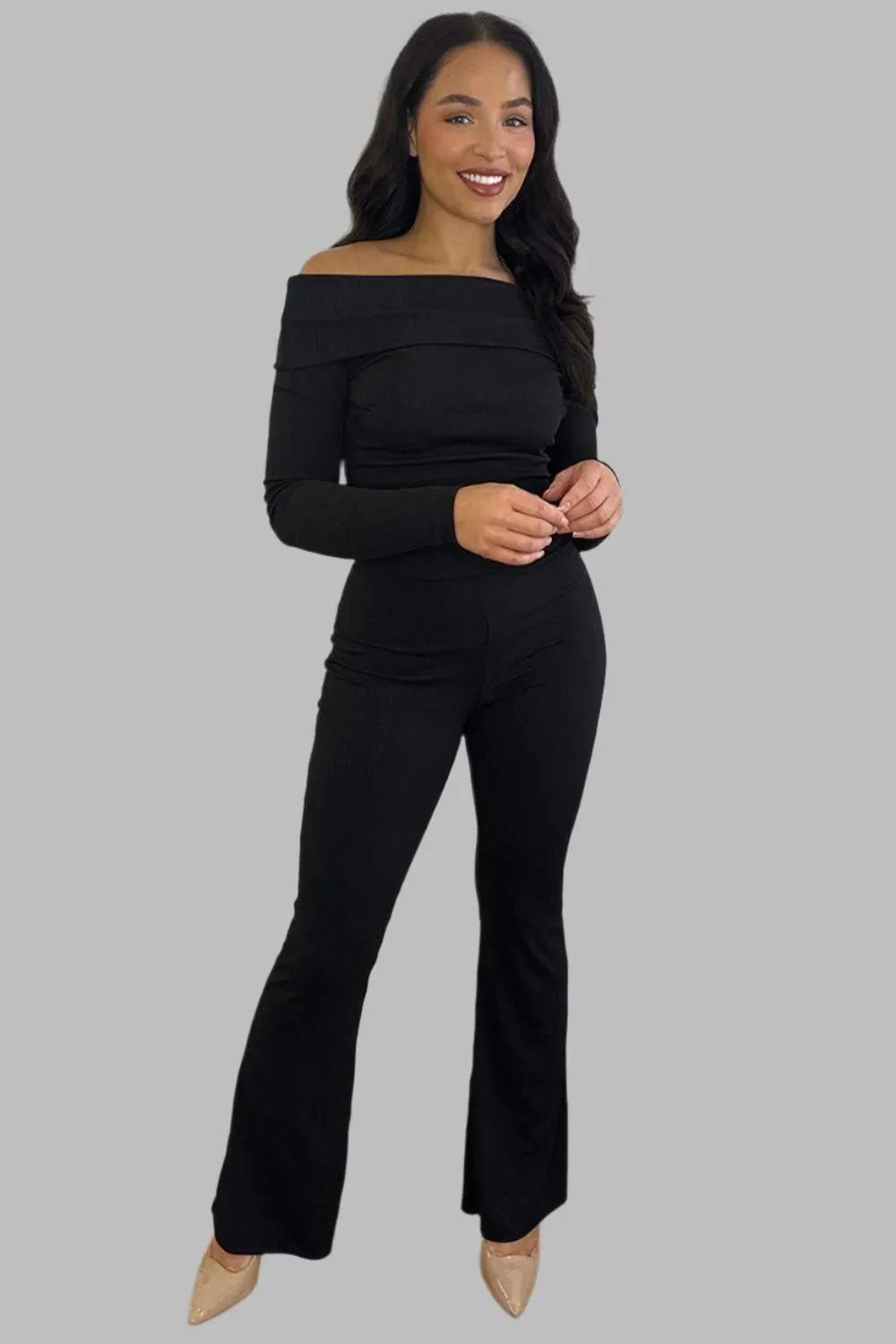 Bardot Neckline Ribbed Top And Trousers Set