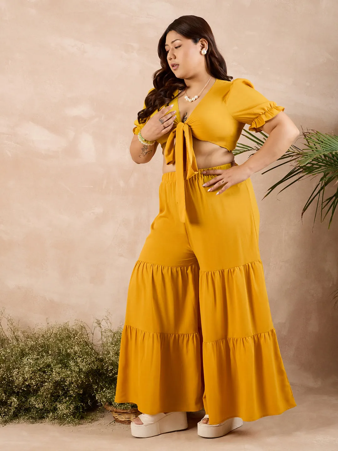 Berrylush Curve Women Yellow Solid V-Neck Crop Top With Wide Leg Trousers Set