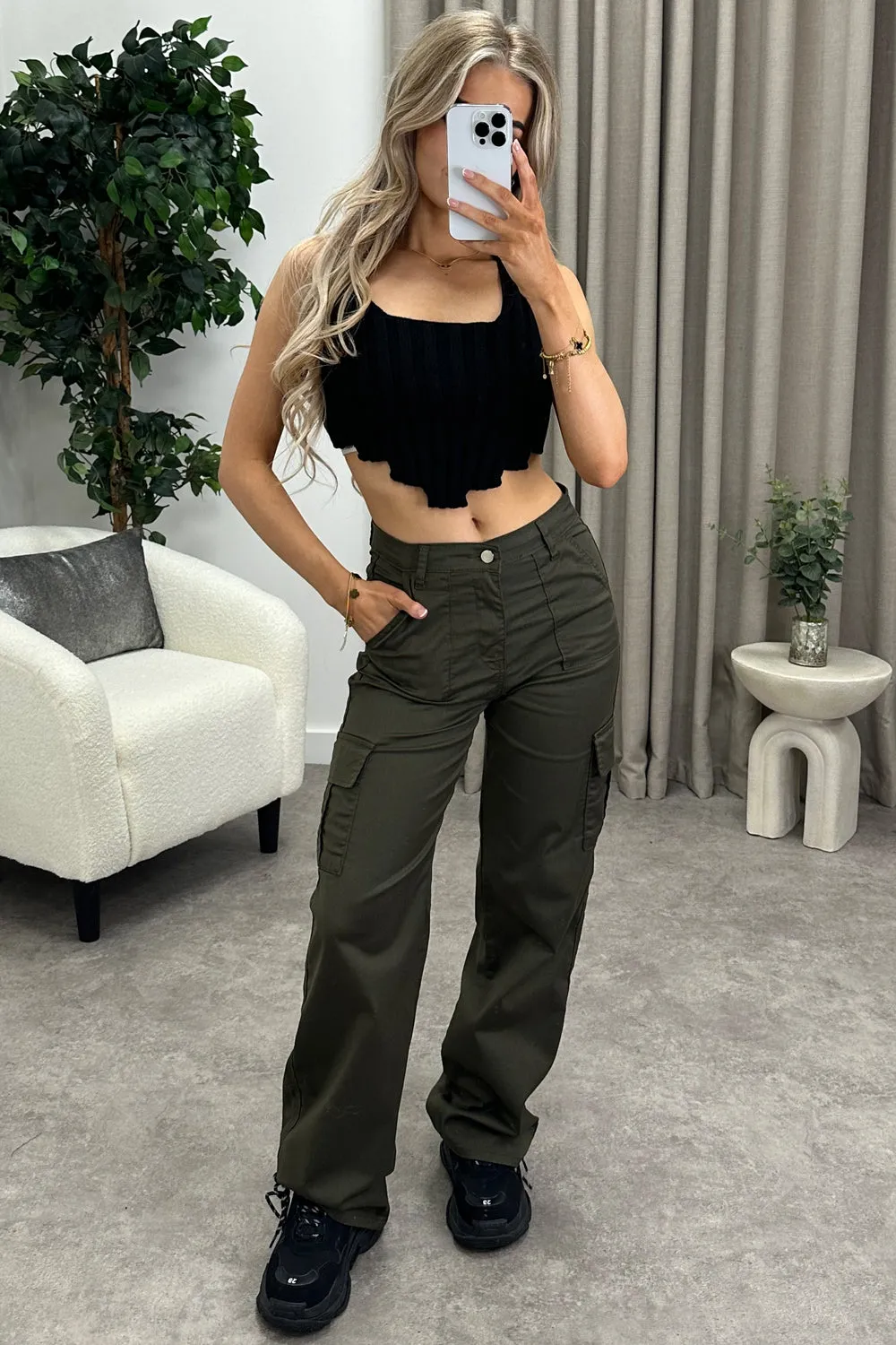 Bianca Khaki Pocket Detail Wide Leg Cargo Trousers