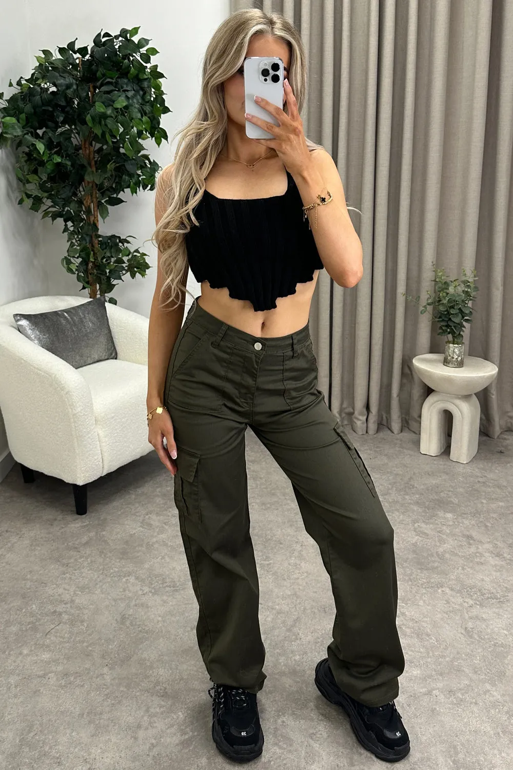 Bianca Khaki Pocket Detail Wide Leg Cargo Trousers