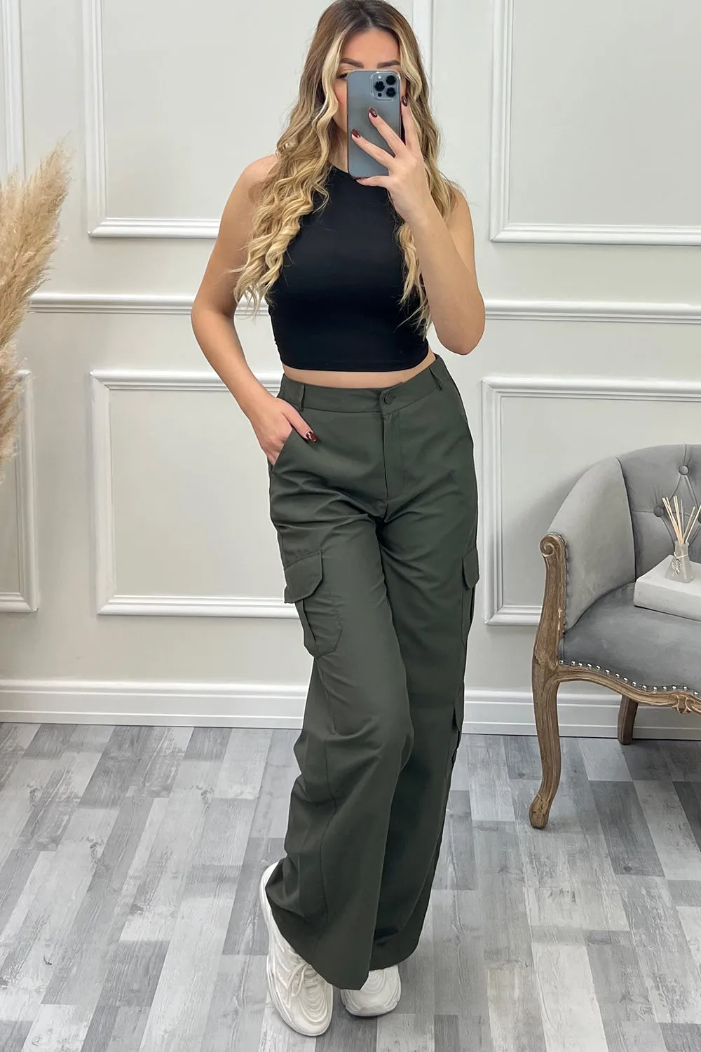 Bianca Khaki Pocket Detail Wide Leg Cargo Trousers