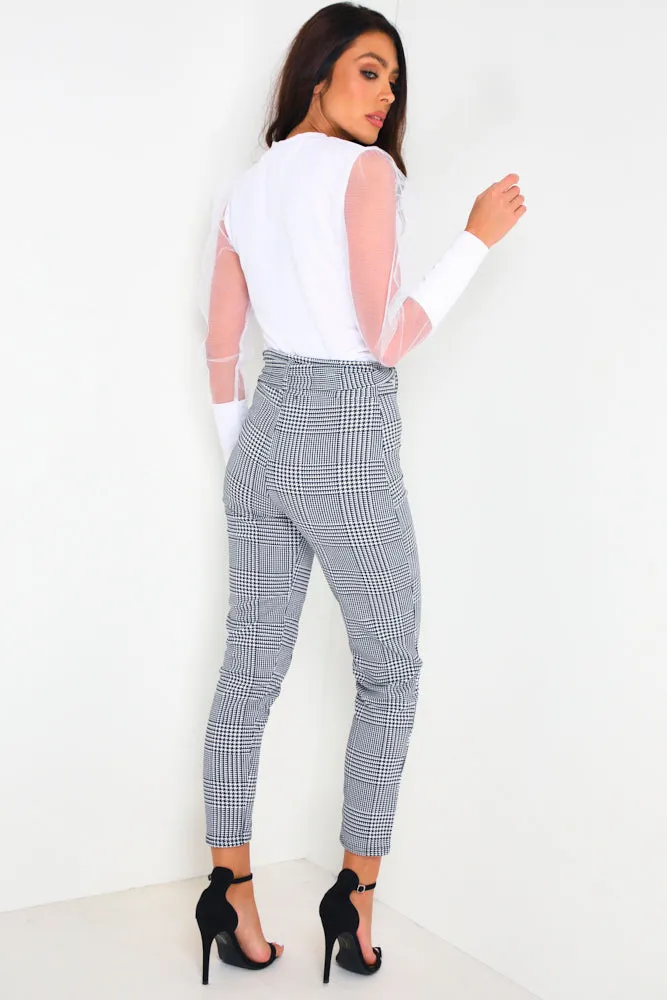 Black & White Houndstooth Belted Trousers