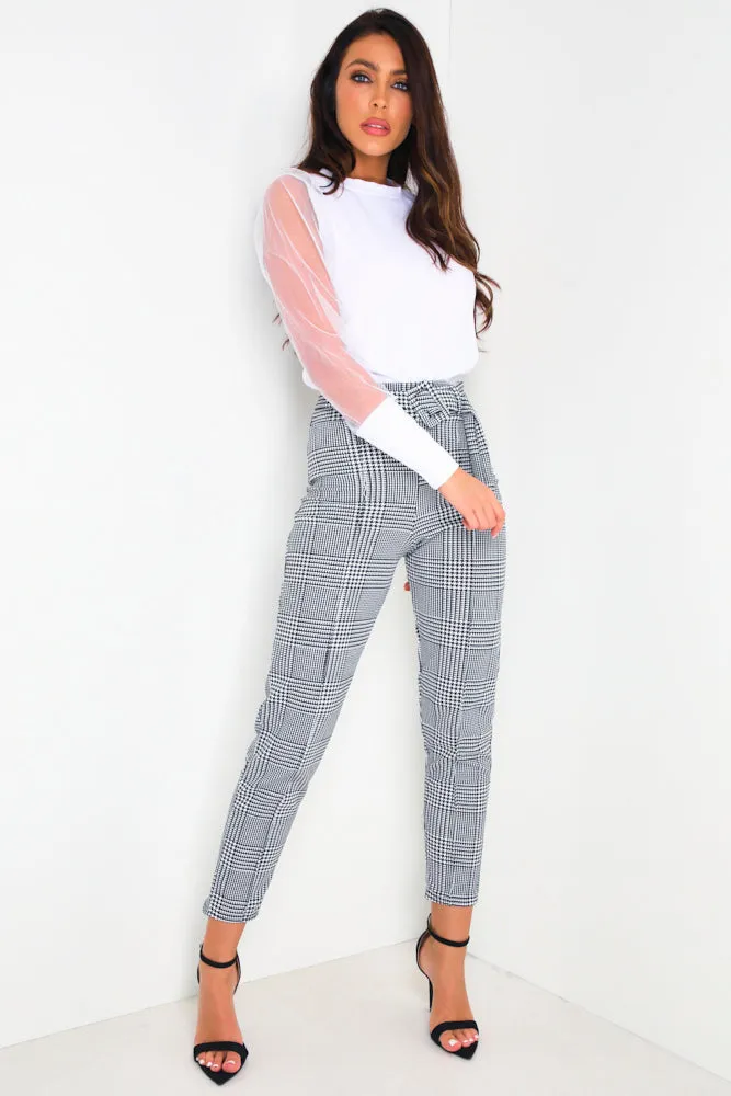 Black & White Houndstooth Belted Trousers