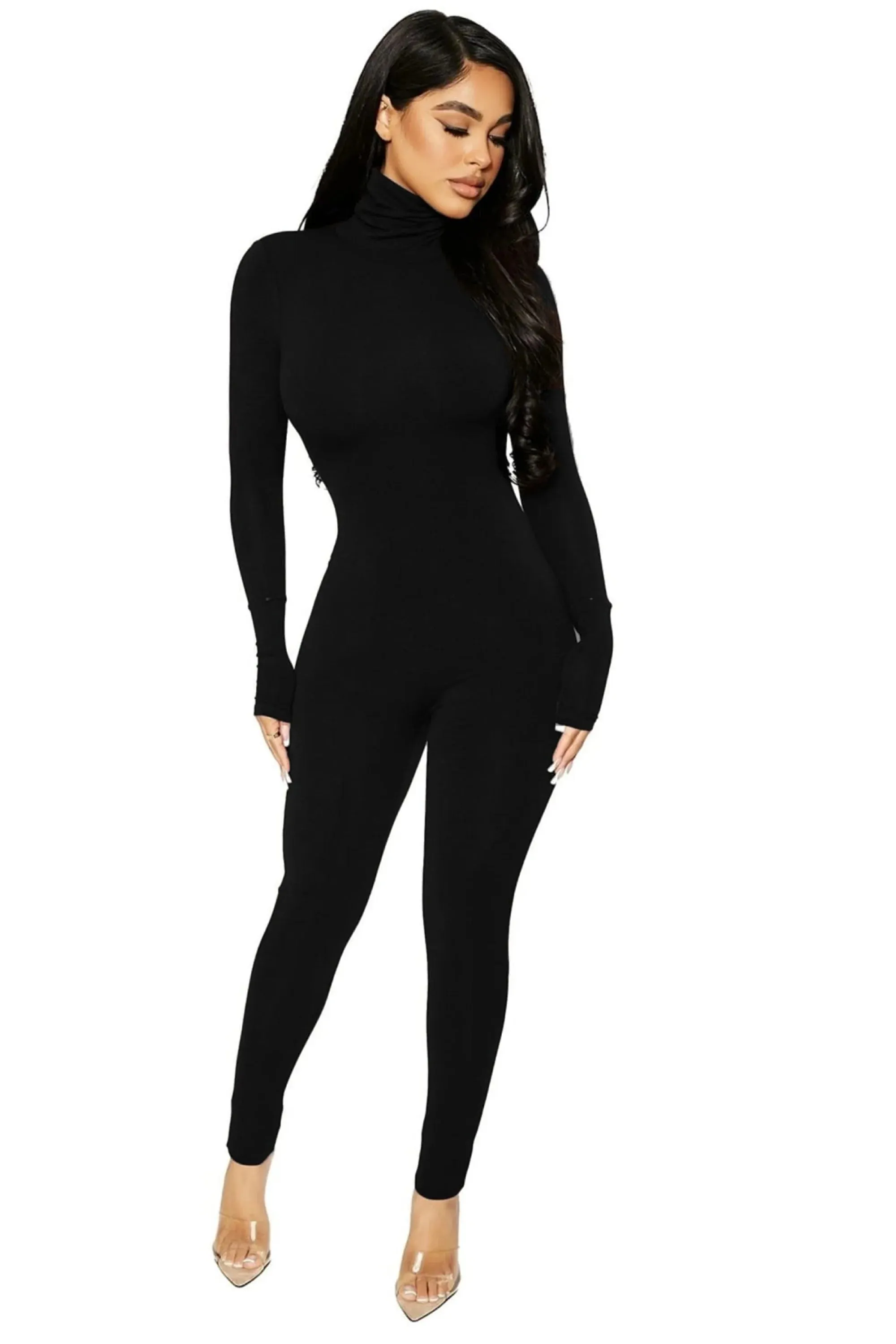 Black Long Sleeve Turtleneck Backless Jumpsuit