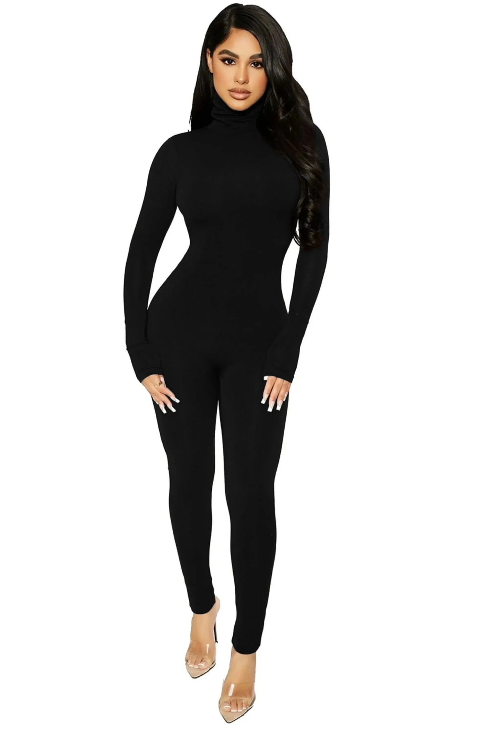 Black Long Sleeve Turtleneck Backless Jumpsuit