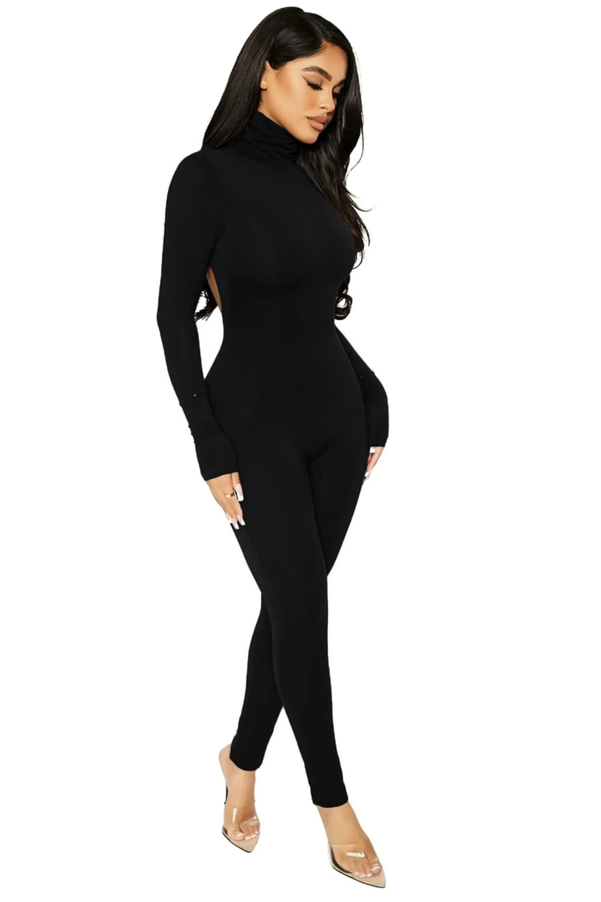 Black Long Sleeve Turtleneck Backless Jumpsuit