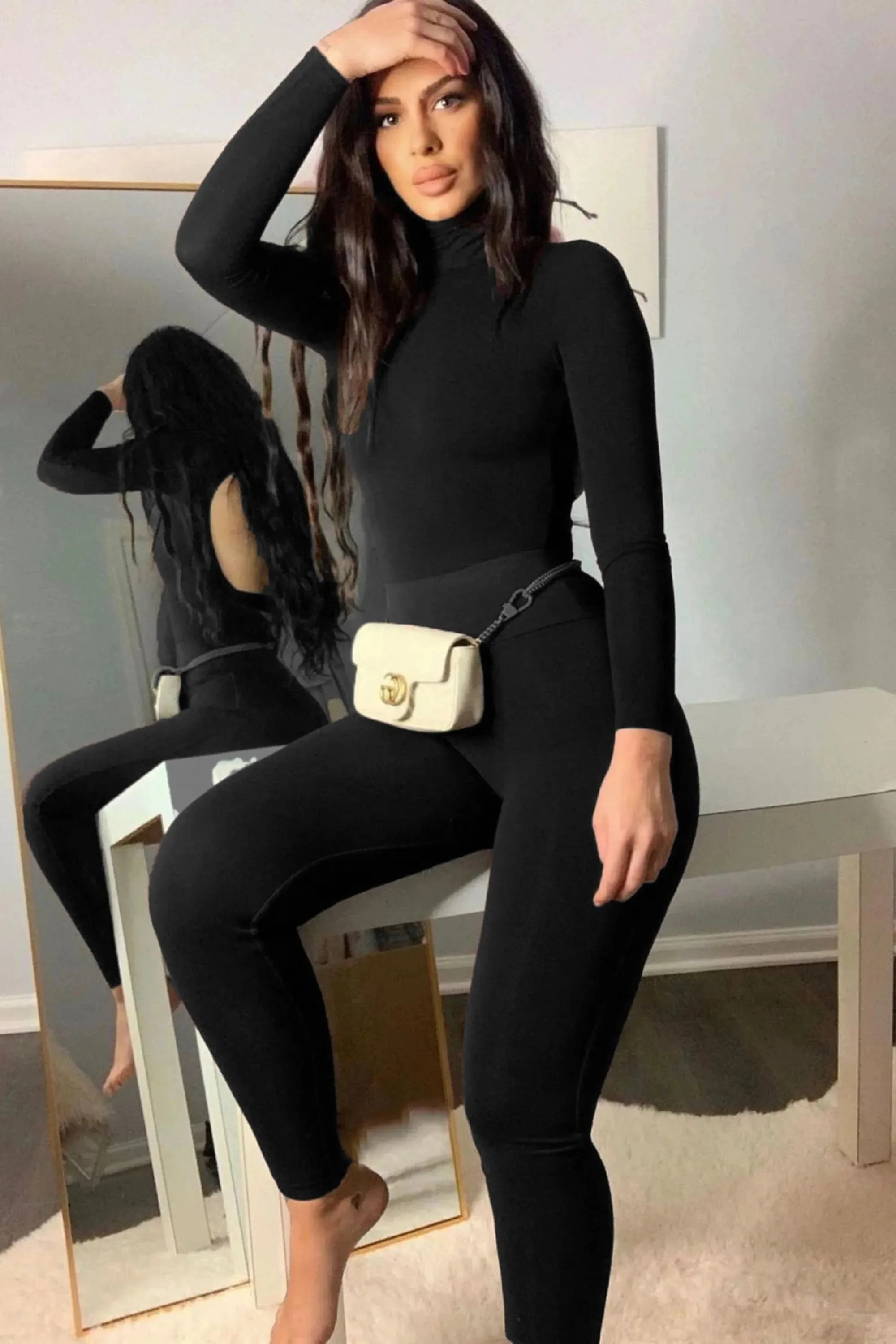 Black Long Sleeve Turtleneck Backless Jumpsuit