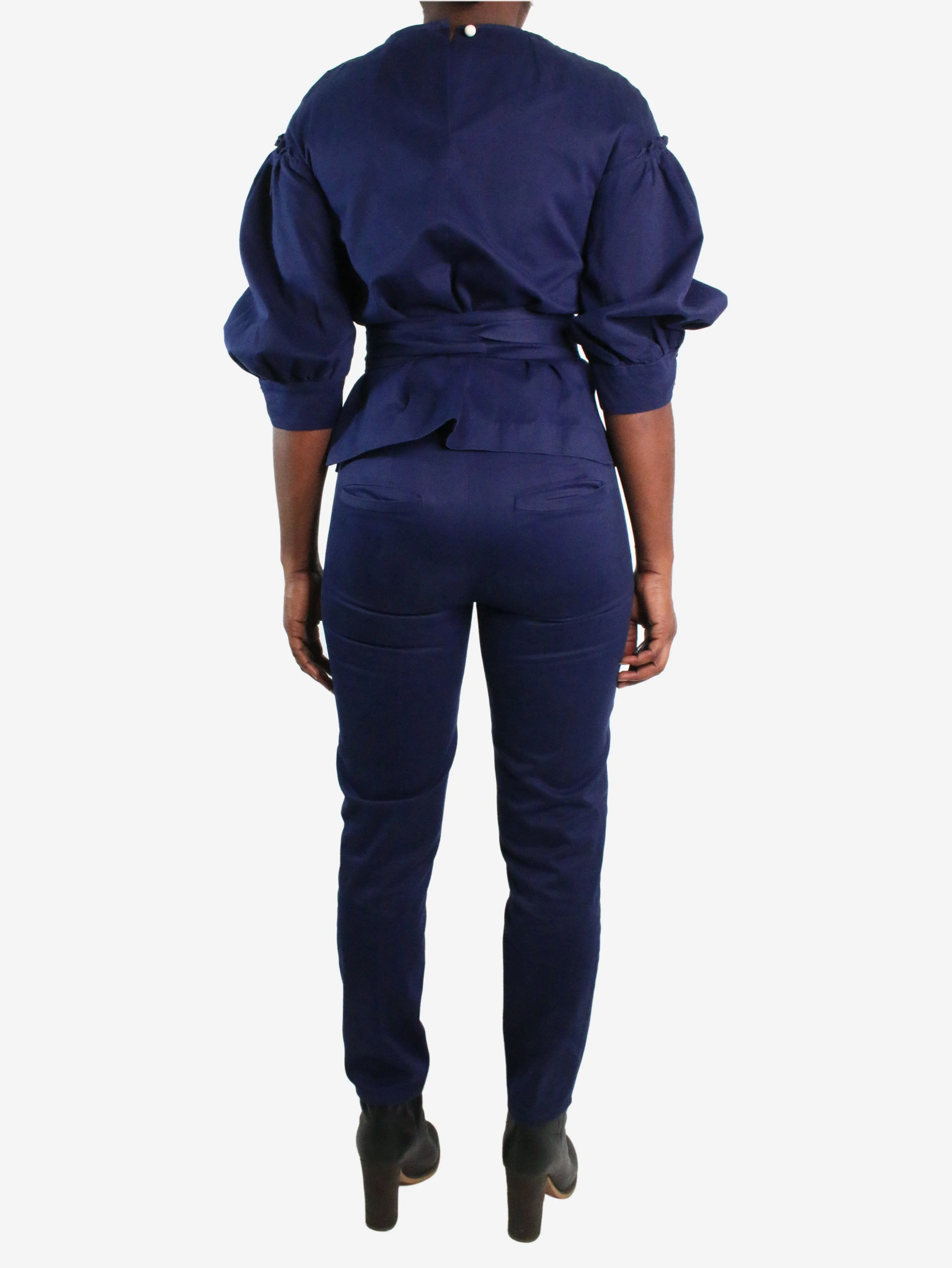 Blue long-sleeved top and trousers set with belt - size UK 8