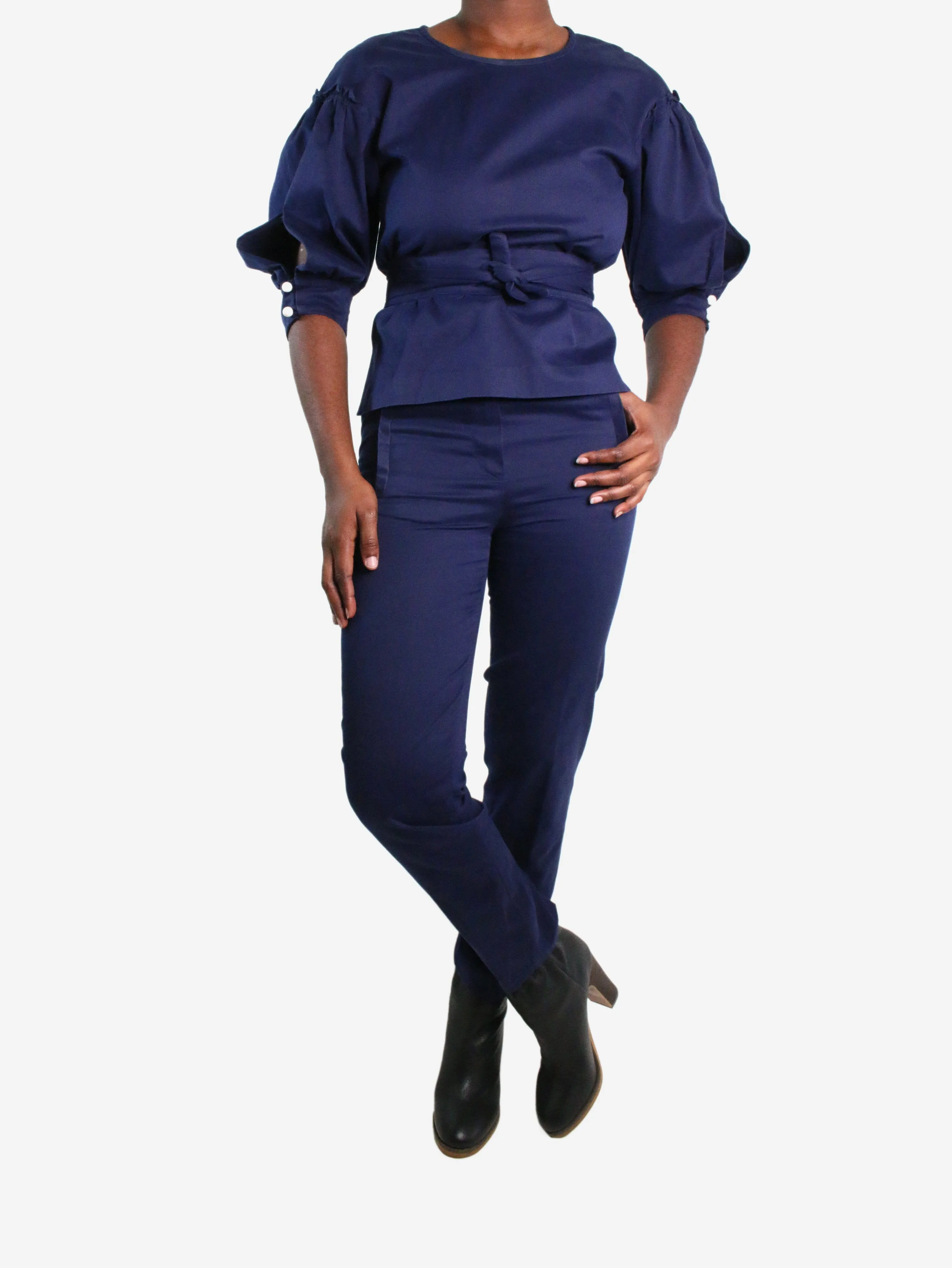 Blue long-sleeved top and trousers set with belt - size UK 8