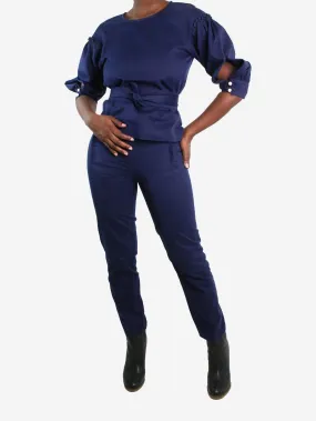 Blue long-sleeved top and trousers set with belt - size UK 8