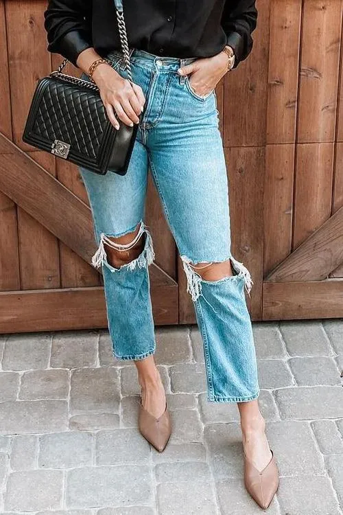 Borken Hole Straight Leg Jeans