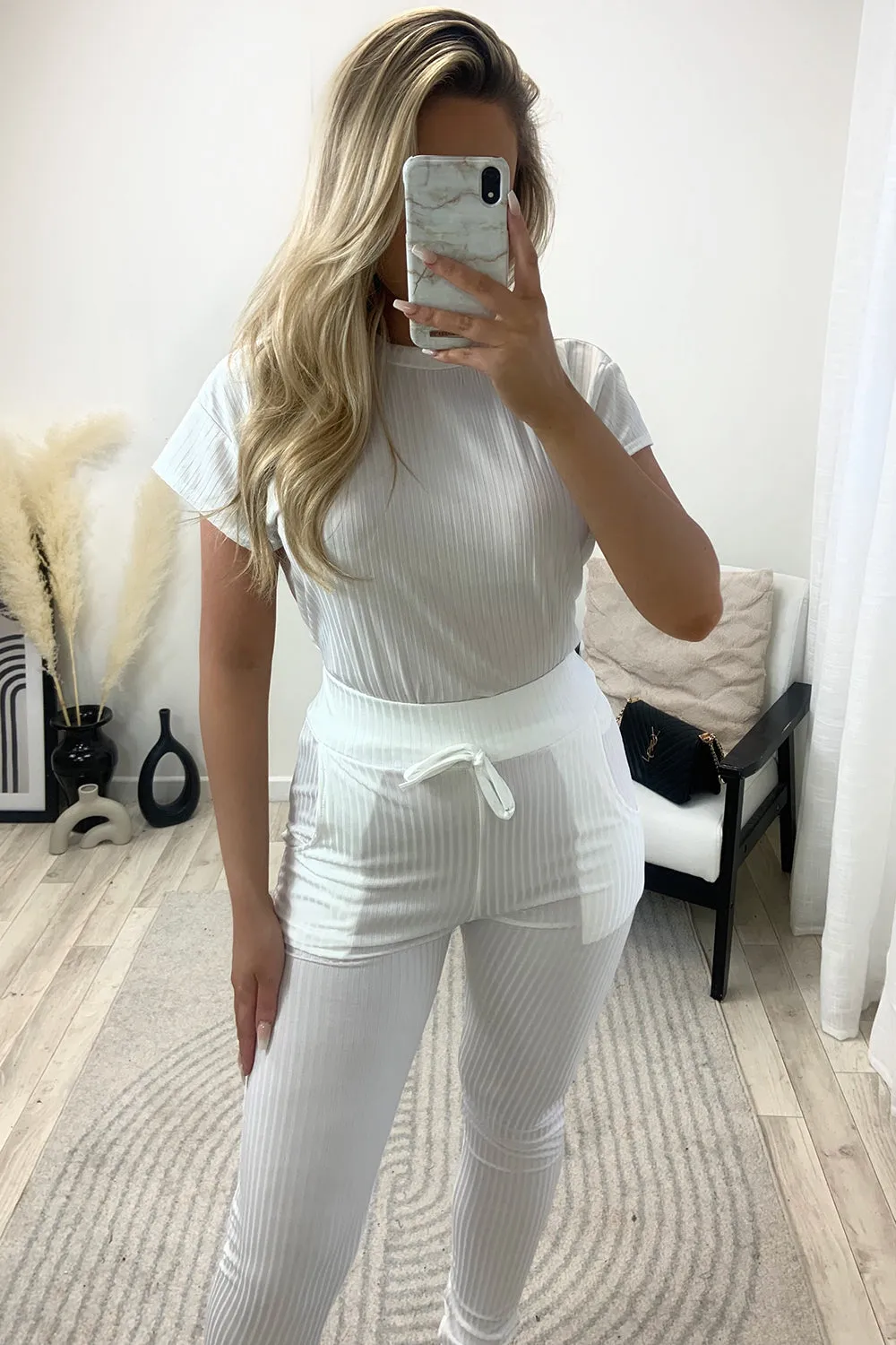 Carmella White Ribbed Top and Trousers Loungewear Set