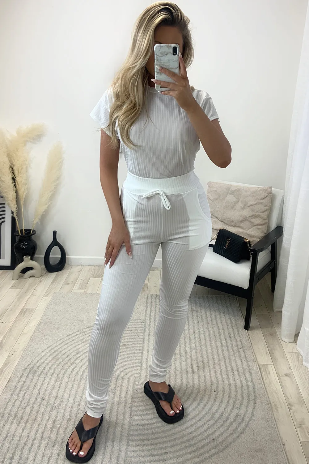 Carmella White Ribbed Top and Trousers Loungewear Set