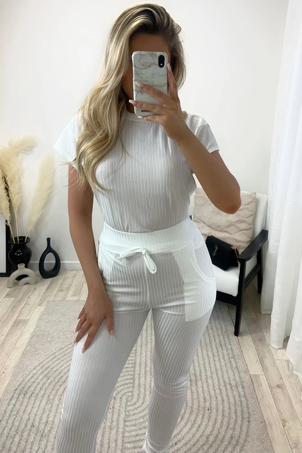 Carmella White Ribbed Top and Trousers Loungewear Set