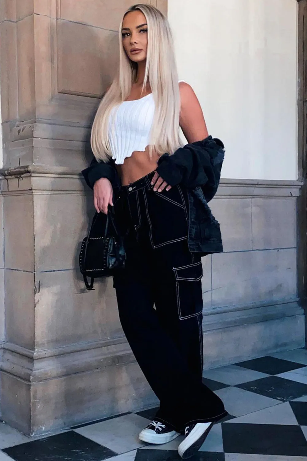 Cassie Black Wide Leg Contrast Stitch Cargo Trousers