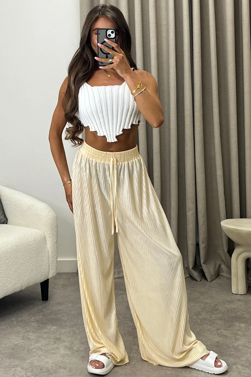 Chrissy Gold Plisse High Waisted Wide Leg Satin Trousers