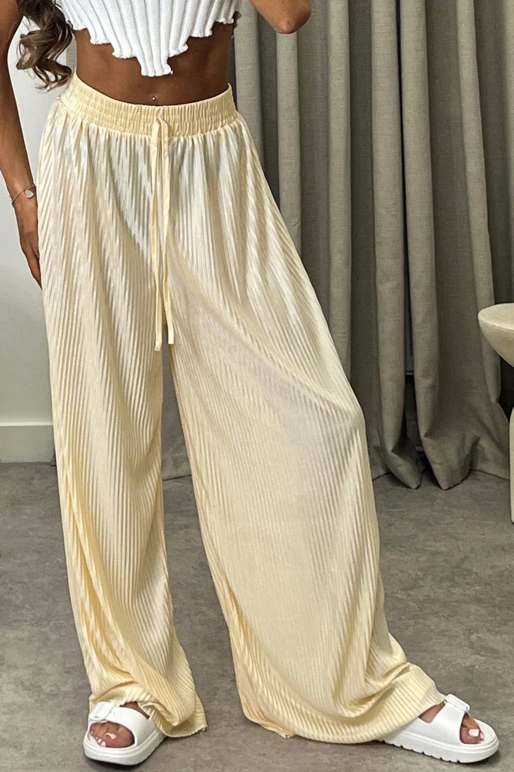 Chrissy Gold Plisse High Waisted Wide Leg Satin Trousers