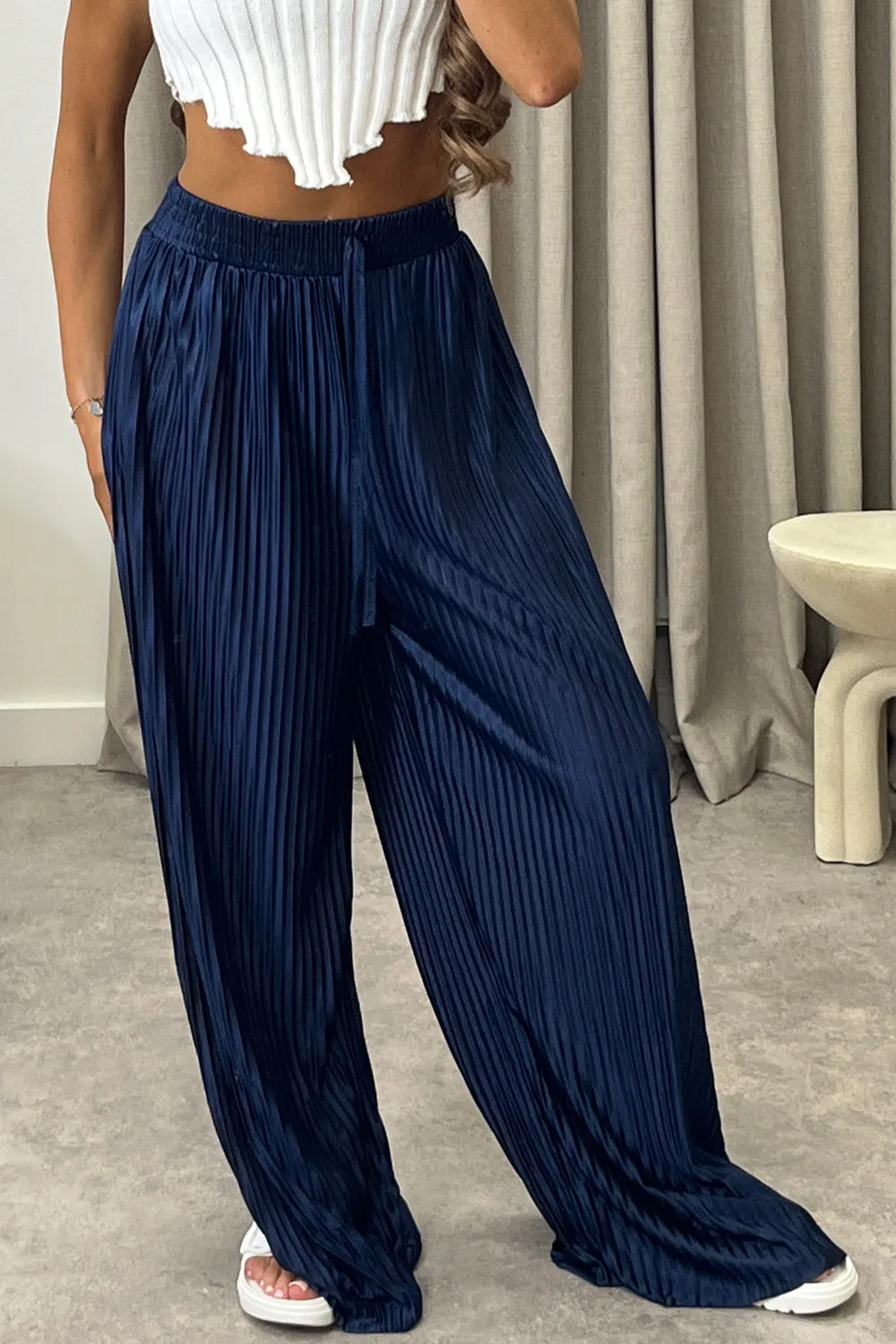 Chrissy Navy Plisse High Waisted Wide Leg Satin Trousers