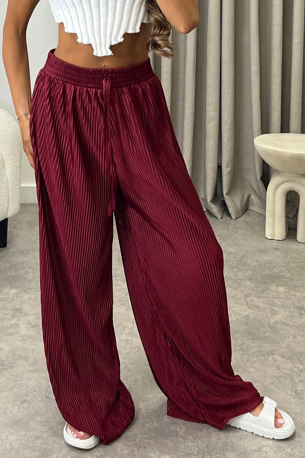 Chrissy Wine Plisse High Waisted Wide Leg Satin Trousers