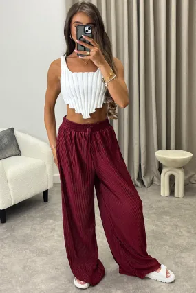 Chrissy Wine Plisse High Waisted Wide Leg Satin Trousers