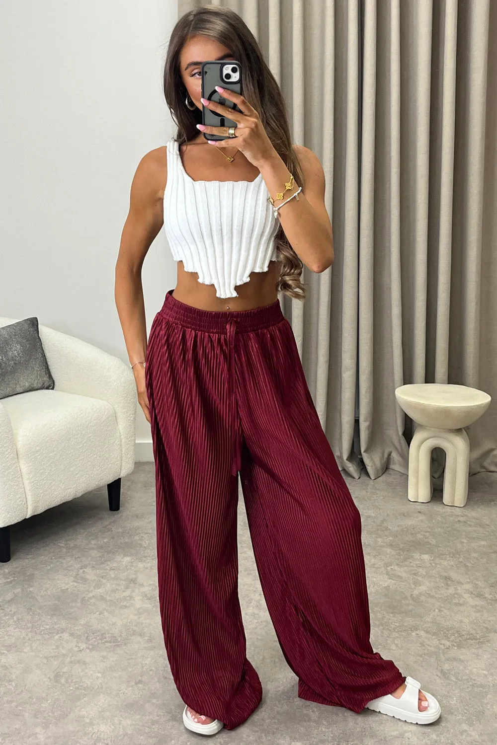 Chrissy Wine Plisse High Waisted Wide Leg Satin Trousers