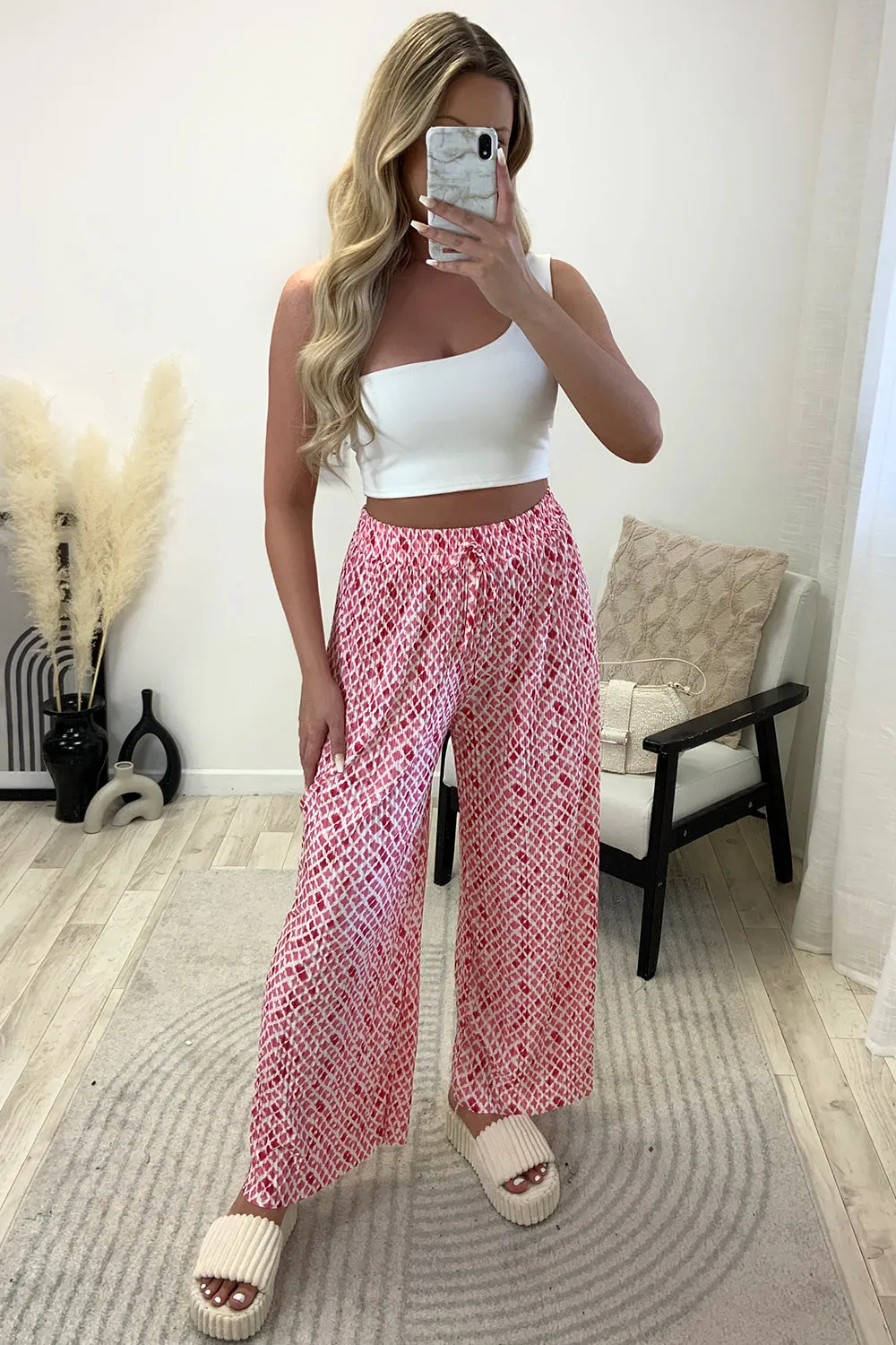 Christie Pink and White Plisse Patterned Wide Leg Trousers