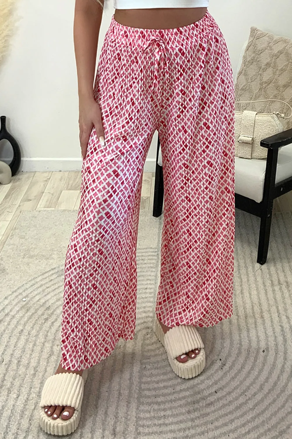 Christie Pink and White Plisse Patterned Wide Leg Trousers