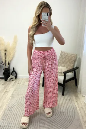 Christie Pink and White Plisse Patterned Wide Leg Trousers