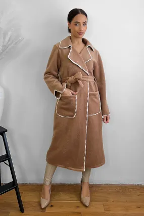 Contrast Stitch Felt Midi Tie Up Coat