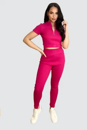 Cotton Blend Pull Ring Zip Crop Top And Trousers Set