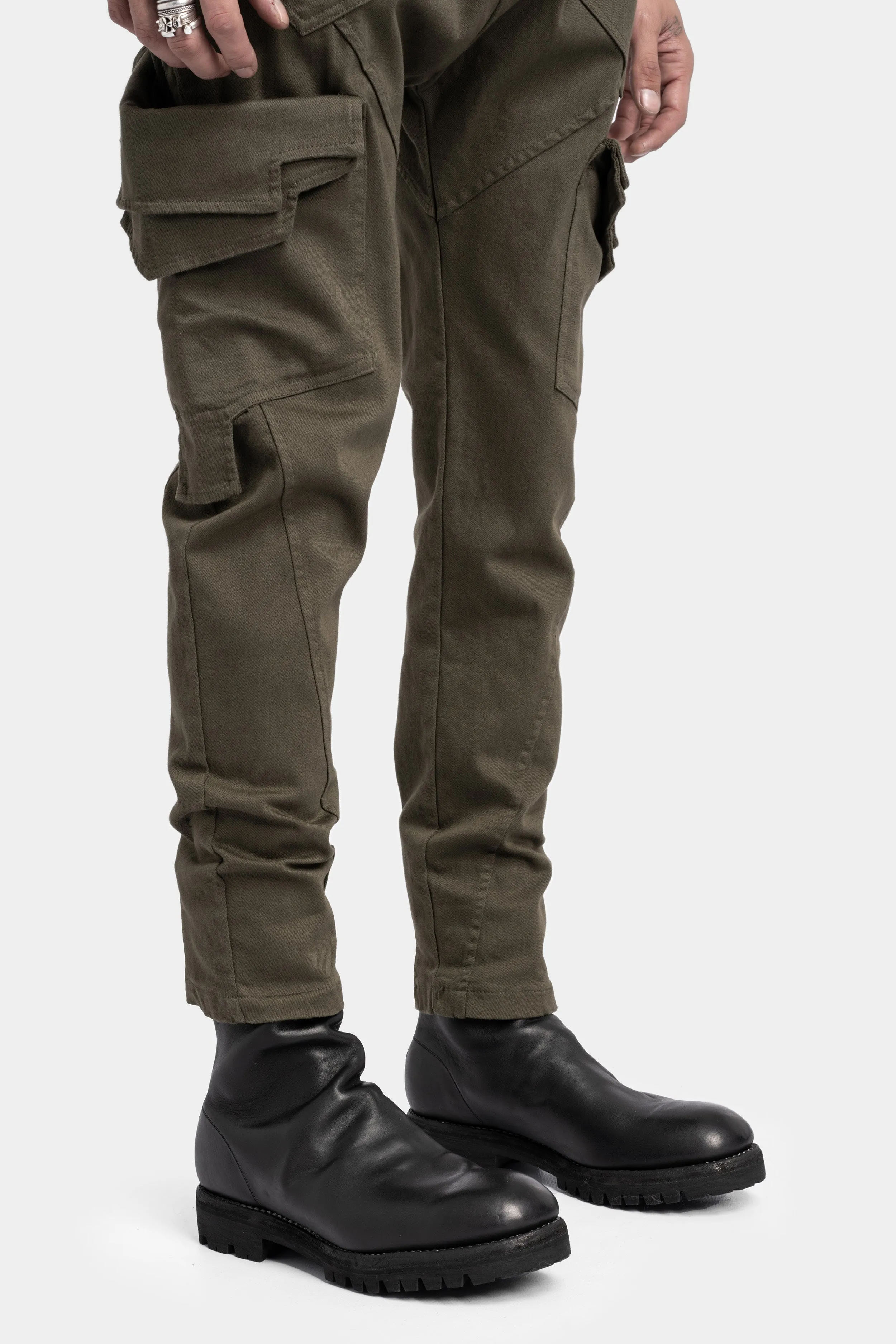 Cotton twill skinny cargo trousers, Military Green