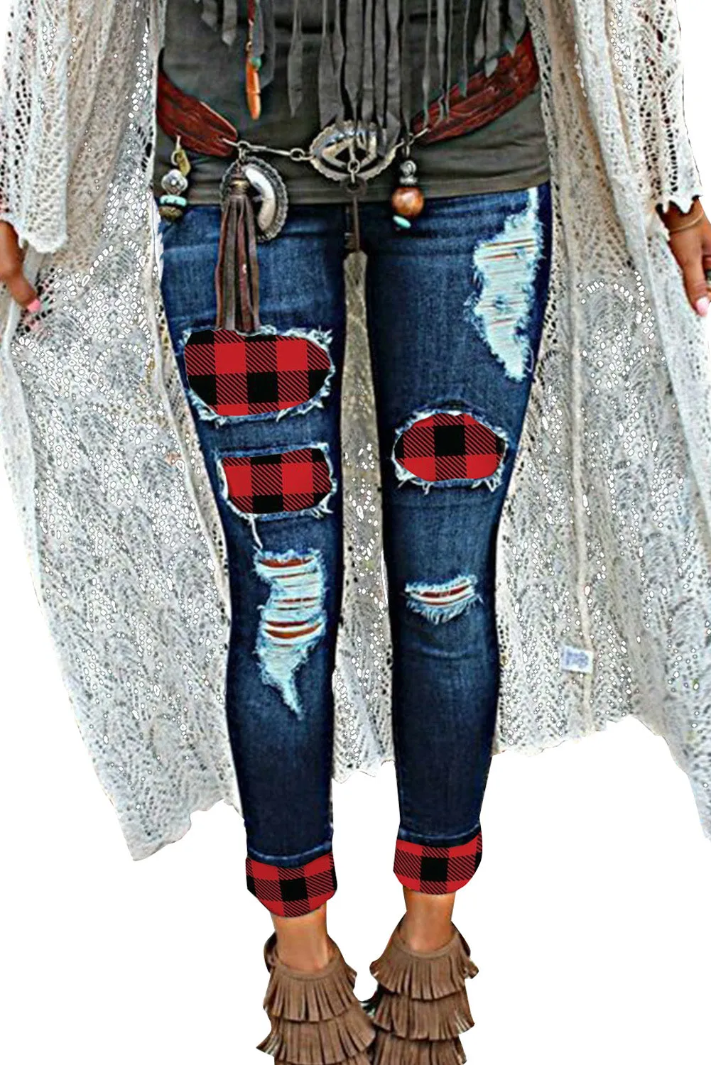 Distressed Buffalo Plaid Cuffed Jeans