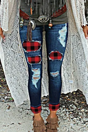 Distressed Buffalo Plaid Cuffed Jeans