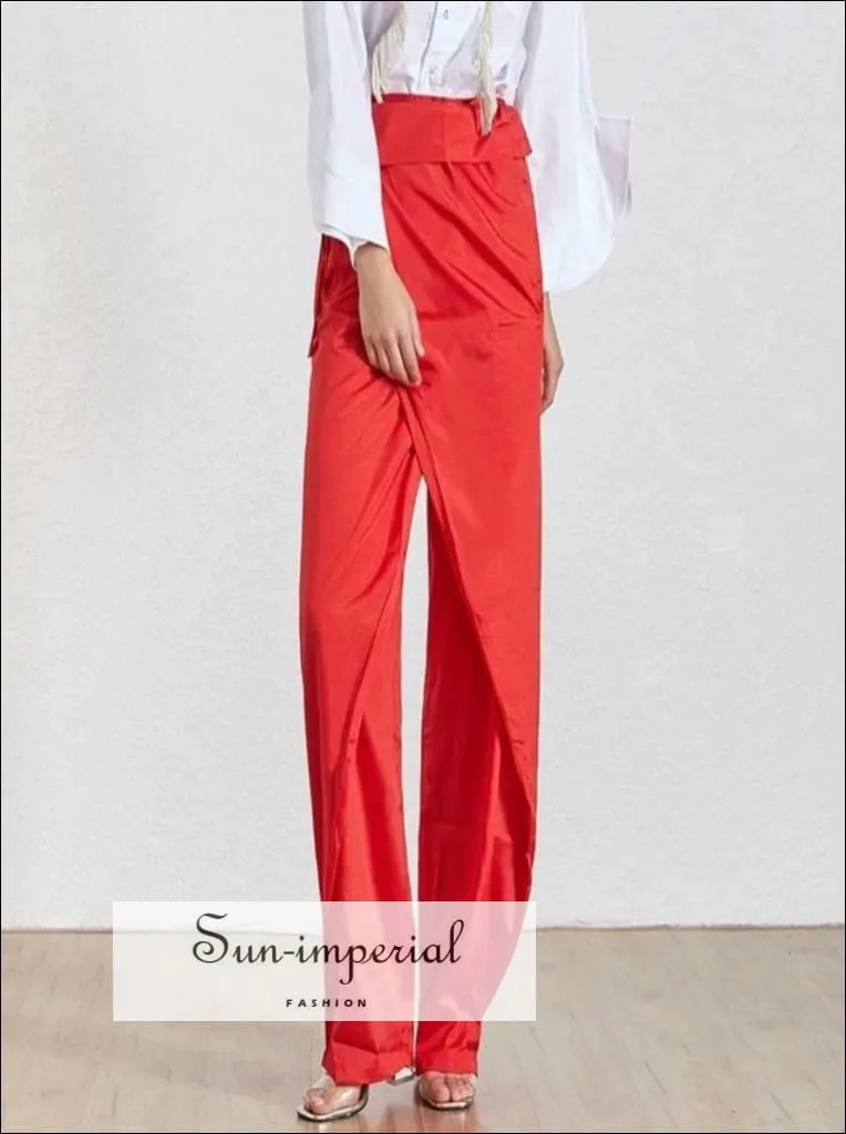 Giselle Pants - Solid Trousers for Women High Waist Wide Leg Warp Pants