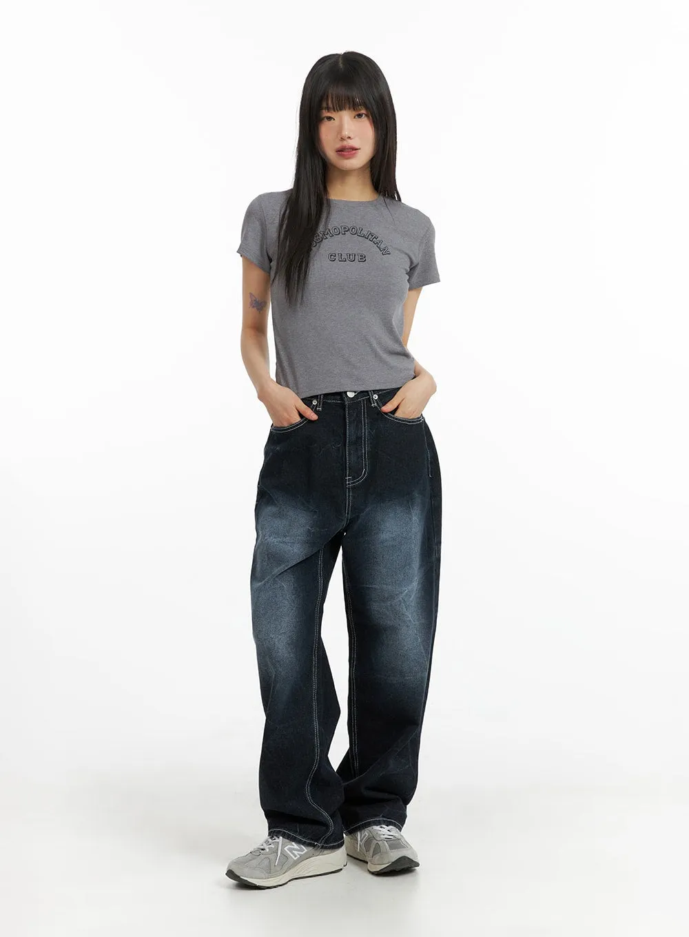 Graphic Lettering Dark Washed Baggy Jeans CM412