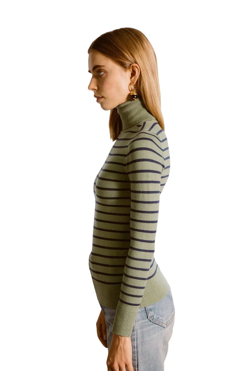 Green / Navy Stripe Peachskin Turtleneck